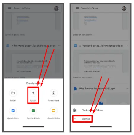tap the upload on google drive and browse