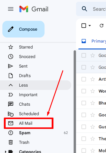 All mail from gmail menu